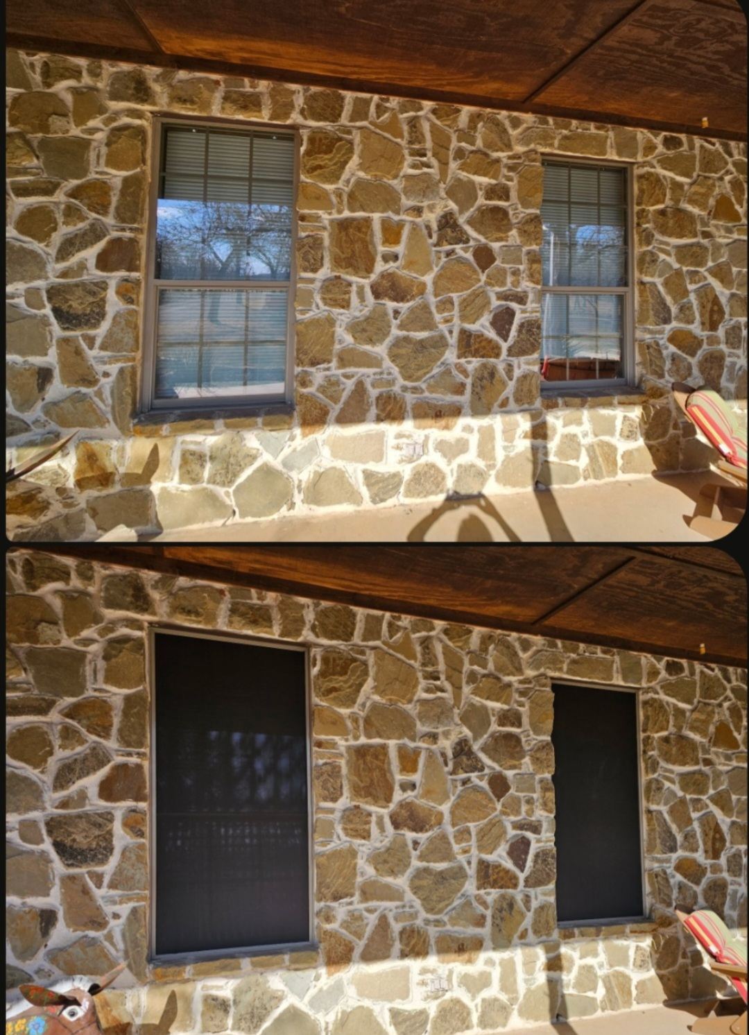 Before and after solar screen installation on stone home in Weatherford, TX